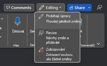 Rozevírací nabídka přepínače režimů