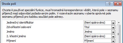 Dialogové okno Shoda polí