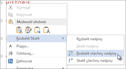 Nabídka zobrazená po kliknutí pravým tlačítkem myši