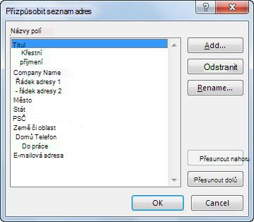 Dialogové okno Vlastní seznam adres