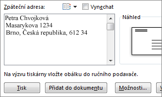 Pole Zpáteční adresa