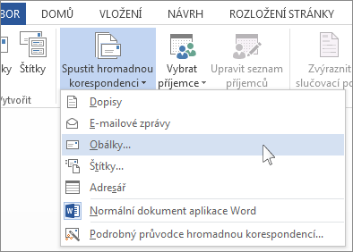 Nabídka Spustit hromadnou korespondenci