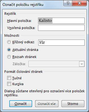 Dialogové okno Označit položku rejstříku