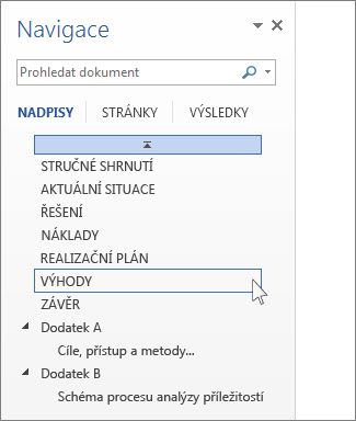 Procházení navigačního okna podle nadpisů