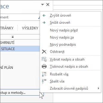 Možnosti místní nabídky pro nadpisy v navigačním podokně