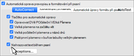 Zaškrtávací políčko Nahrazovat text při psaní v aplikaci Word pro Mac