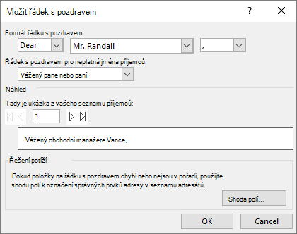 Dialogové okno Řádek s pozdravem