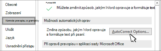 Tlačítko Možnosti automatických oprav v dialogovém okně kontroly pravopisu a mluvnice