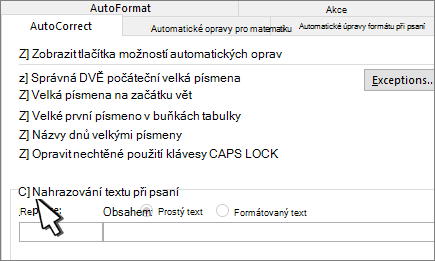 Zaškrtávací políčko Nahrazovat při psaní na kartě Automatické opravy