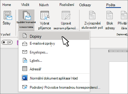 Nabídka Start hromadné korespondence s vybranou možností Dopisy