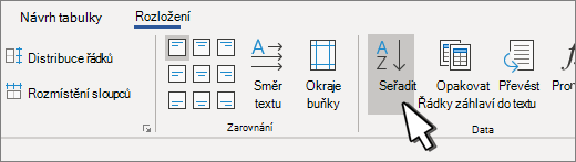 Tlačítko Seřadit, když máte vybranou tabulku
