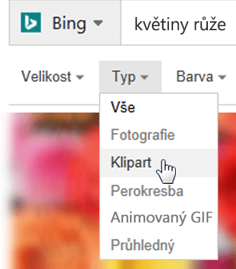 Vyberte filtr Typ a zvolte Klipart.