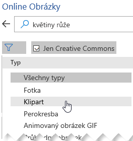 Klikněte na tlačítko Filtr a vyberte Klipart.