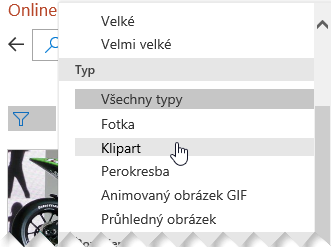 Použijte filtr typu ke zúžení svých voleb jen na kliparty.