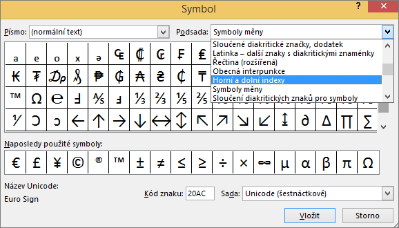 Zobrazuje podsady dolního a horního indexu v dialogu Symbol v PowerPointu.