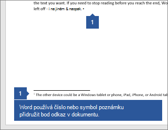 Word používá číslo nebo symbol k přidružení poznámky k referenčnímu bodu v dokumentu