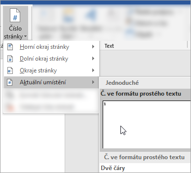 Snímek obrazovky, který ukazuje výběr možnosti Prostý formát Číslo stránky na aktuální pozici v dokumentu