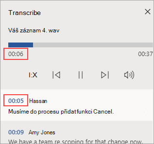 Přehrávané oddíly jsou zvýrazněné