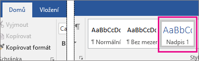 Nadpis 1 zvýrazněný na kartě Domů