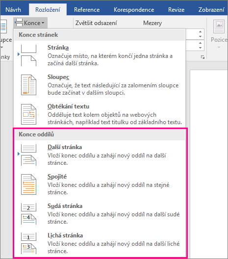 Typy konců oddílů zvýrazněné na kartě Rozložení