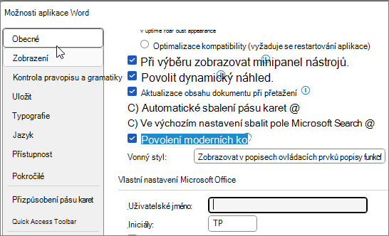 Možnosti přizpůsobení aplikace Word 2010