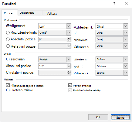 Možnosti rozložení Position tab