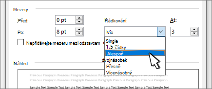 Možnosti řádkování
