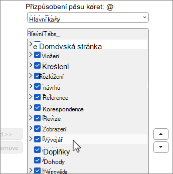 Dialogové okno pro přizpůsobení pásu karet s vybranou položkou Vývojář