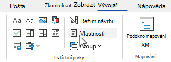 Karta Vývojář s vybraným tlačítkem Vlastnosti ovládacího prvku