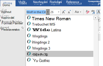 Nové písmo se ve Wordu objeví v seznamu písem.