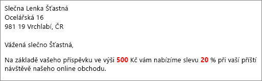 Dokument hromadné korespondence, který obsahuje váš příspěvek ve výši 50,00 a nabízí vám slevu 20