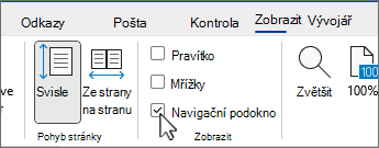 Navigační podokno aplikace Word se zaškrtnutým políčkem