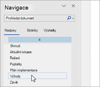 Výběr stránky v navigačním podokně aplikace Word