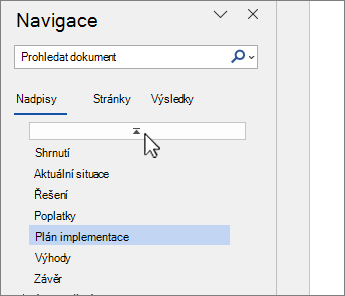 Horní část výběru dokumentu v navigačním podokně aplikace Word