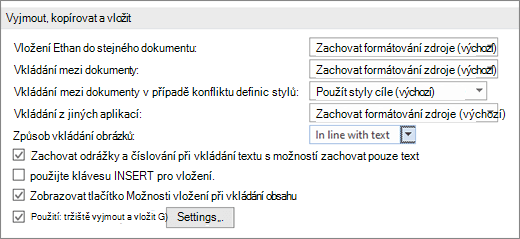 Možnosti kopírování a vkládání ve formátu Word