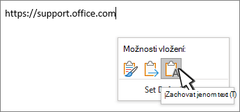 Nabídka možností vložení s kurzorem najetým na třetí možnost Zachovat pouze text. První dvě možnosti vložení jsou Zachovat zdrojové formátování a Sloučit formátování.