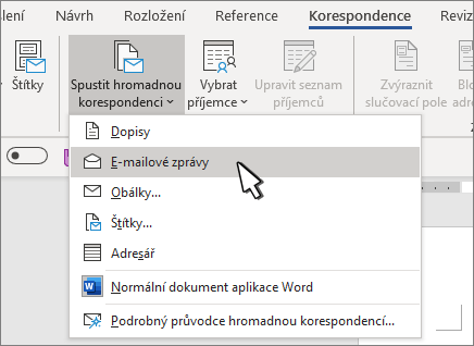 Spuštění hromadné korespondence s vybranými e-mailovými zprávami
