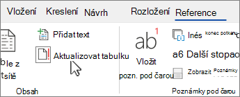 Karta Reference zobrazující tlačítko Aktualizovat tabulku