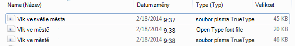 Seznam písem v rozbaleném souboru ZIP
