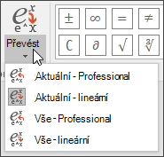 Obrázek nabídky Převést s možnostmi formátování pro převod rovnice.