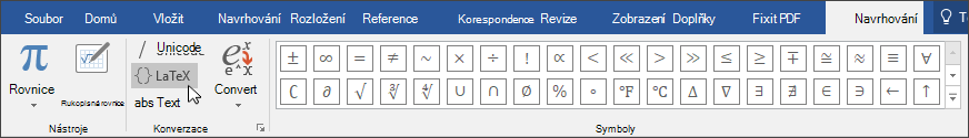 Obrázek karty Návrh zobrazující formáty rovnic dostupné pro formát LaTex.