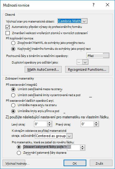 Obrázek znázorňující dialogové okno Možnosti rovnice