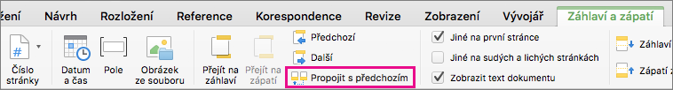 Kliknutím na Propojit s předchozím nastavíte, jestli bude záhlaví nebo zápatí propojené se záhlavím nebo zápatím předchozího oddílu.