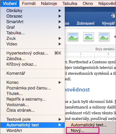 Nabídka Vložit se zvýrazněným automatickým textem > Nový