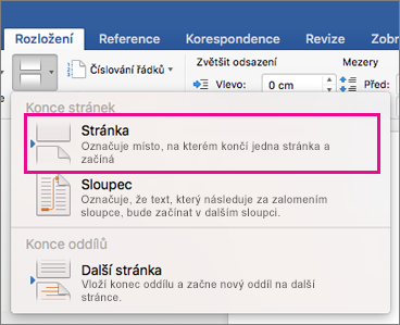 Layout Break menu with Page Break highlighted