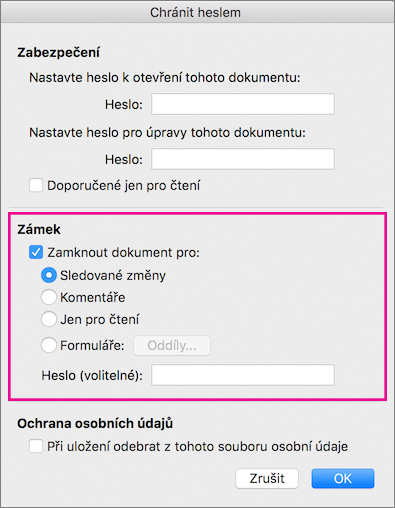 Oddíl Ochrana je zvýrazněný