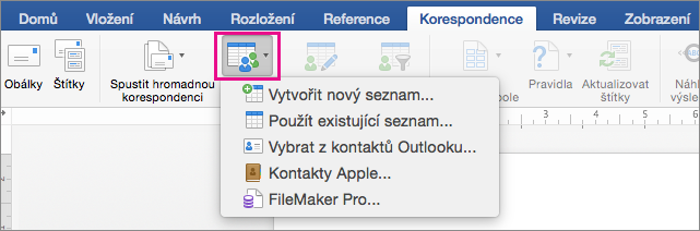 Karta Korespondence s vybranou možností Vybrat příjemce se seznamem možností