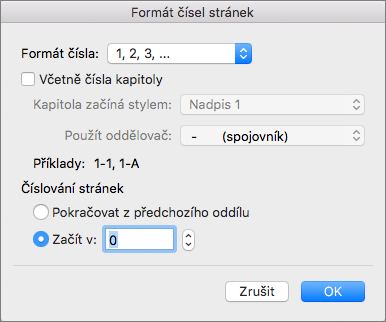 V části Formát čísla stránky vyberte styl číslování a první číslo.