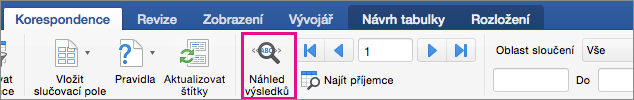 Karta Korespondence se zvýrazněnou možností Náhled výsledků
