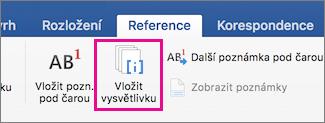 Na kartě Reference je zvýrazněné tlačítko Vysvětlivka
